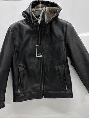 Andrew Marc Black Leather Hooded Bomber with Gray Shearling Lining